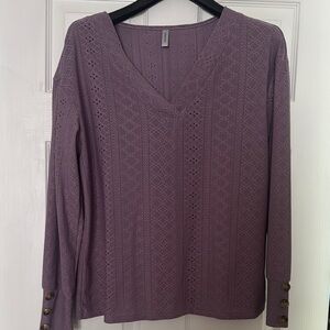 Purple V-Neck Long Sleeve Top with Button Details